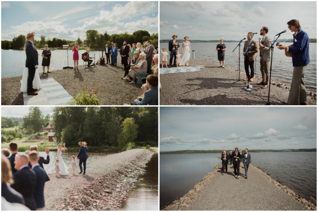 Kollage av fyra bröllopsbilder vid vattnet, Fotograf JD