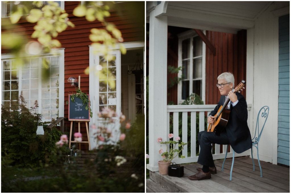 Kollage av två bröllopsbilder, man som spelar fiol, Fotograf JD