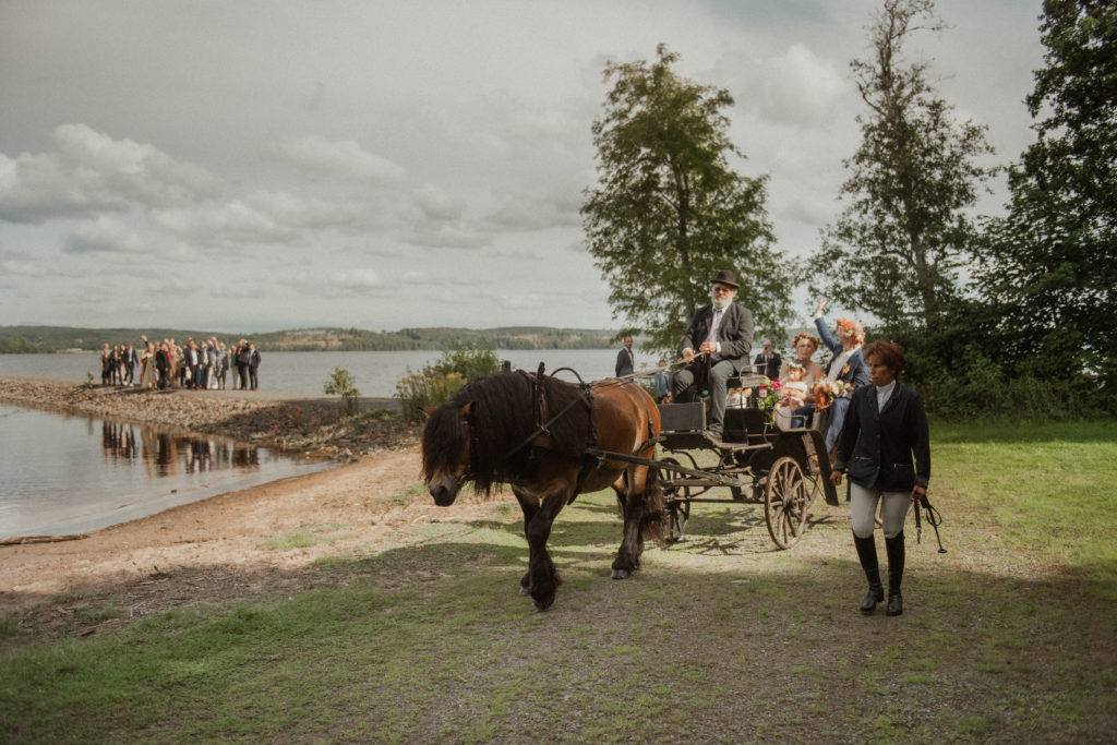 Bild på brudparet som åker häst & vagn, Fotograf JD